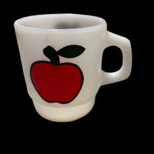 Vintage Anchor Hocking Fire King Milk Glass Red Apple Mug